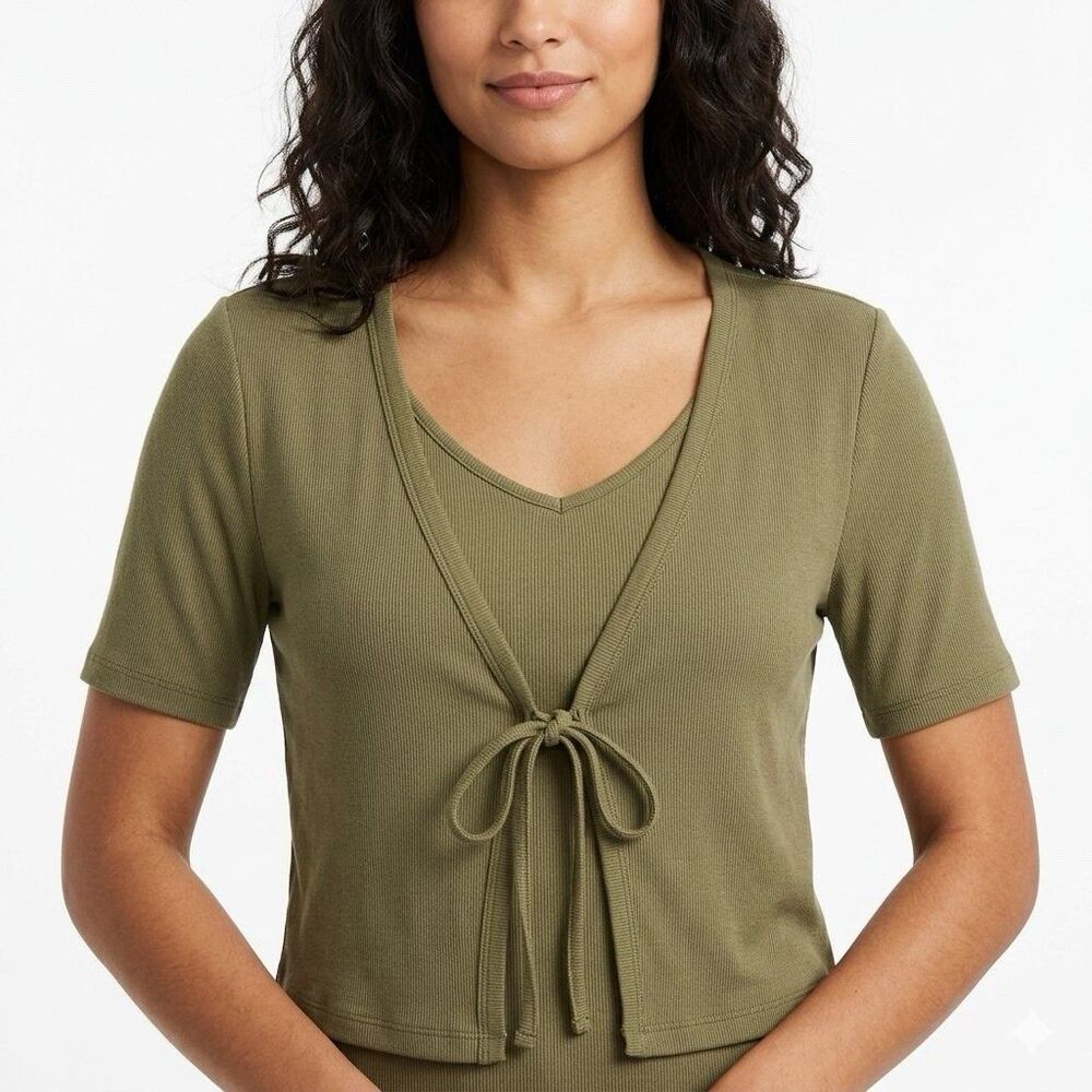 Blank Paige Women’s Tie Front Short Sleeve Army Green Cardigan Size M Medium